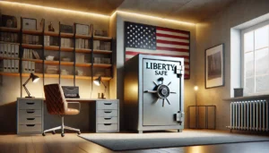 Liberty Safe placed in a modern home office, emphasizing its durability and American craftsmanship