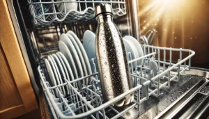 A stainless steel water bottle inside a dishwasher, demonstrating dishwasher safety