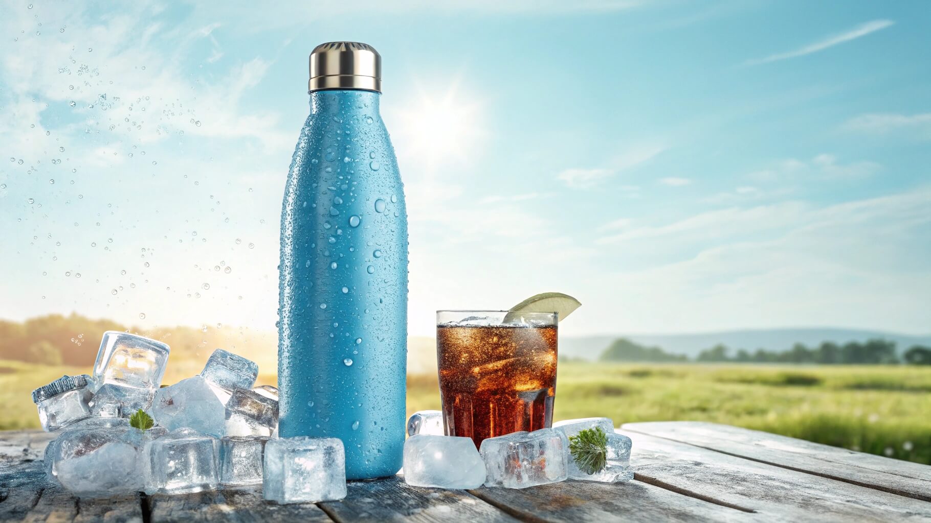 Blue water bottle with ice and drink