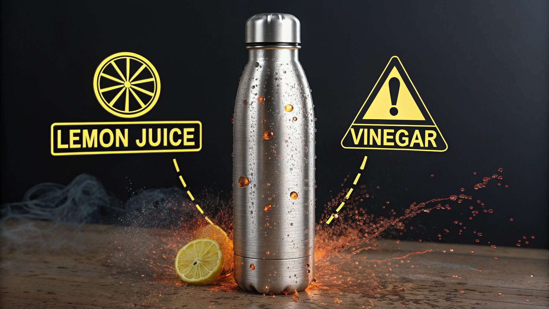 Lemon juice and vinegar warnings with stainless steel bottle