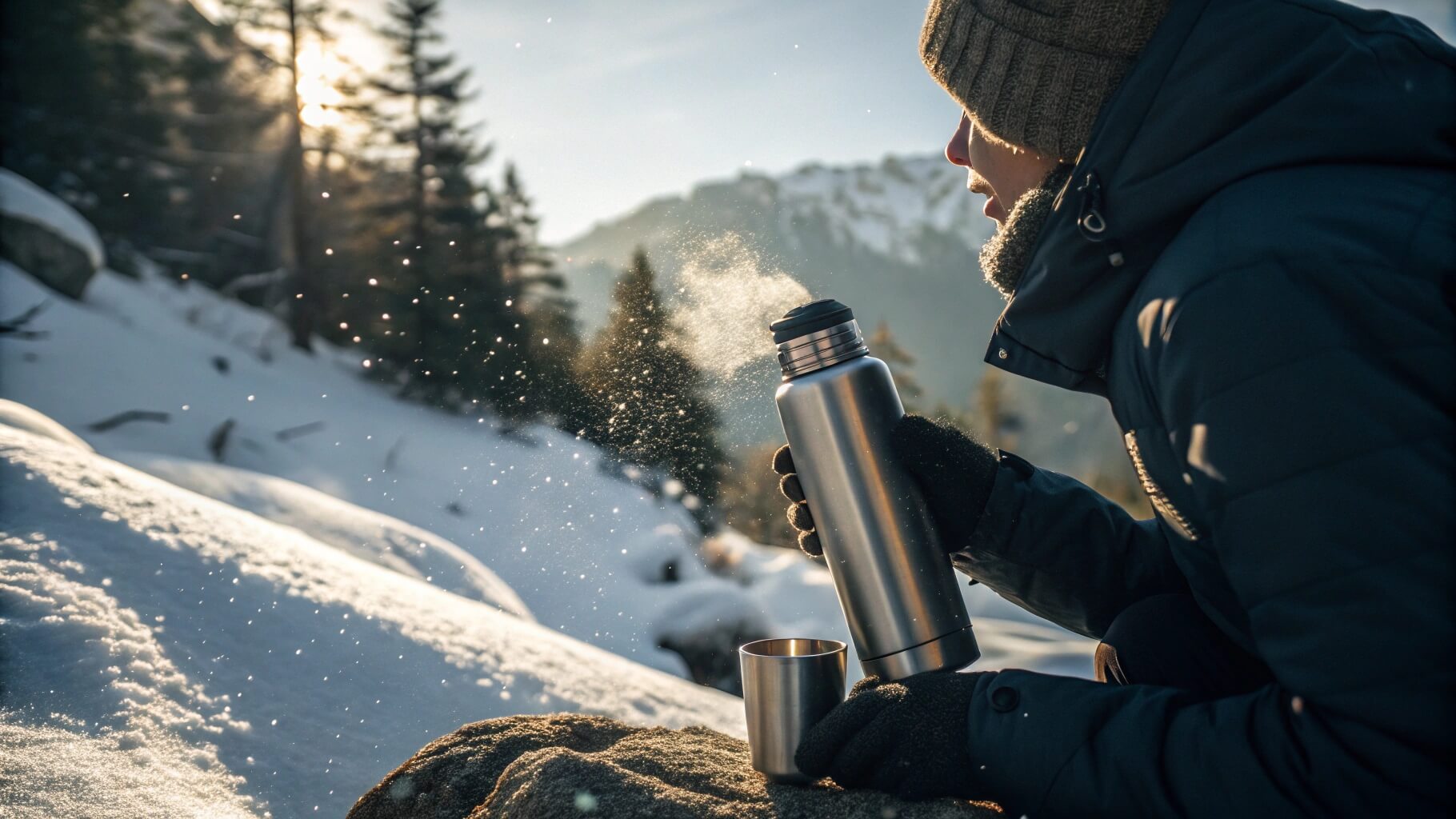 Person drinking from thermos in snowy mountain