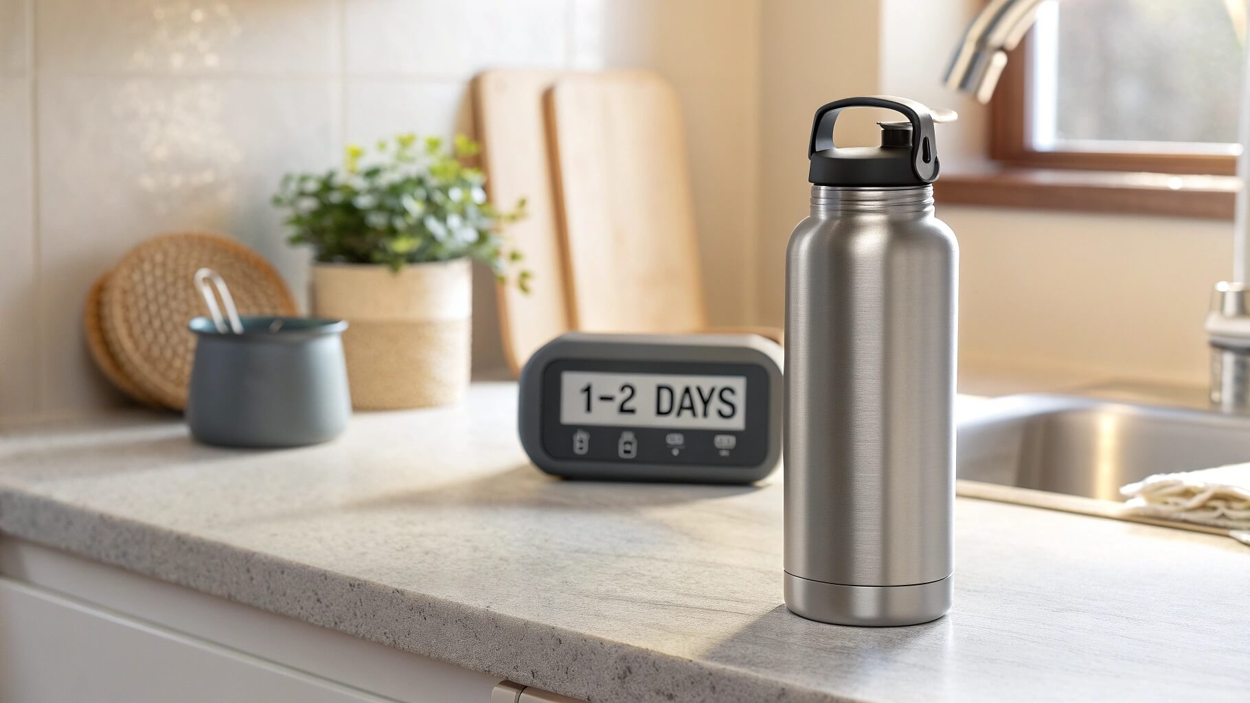 Stainless steel bottle on kitchen counter