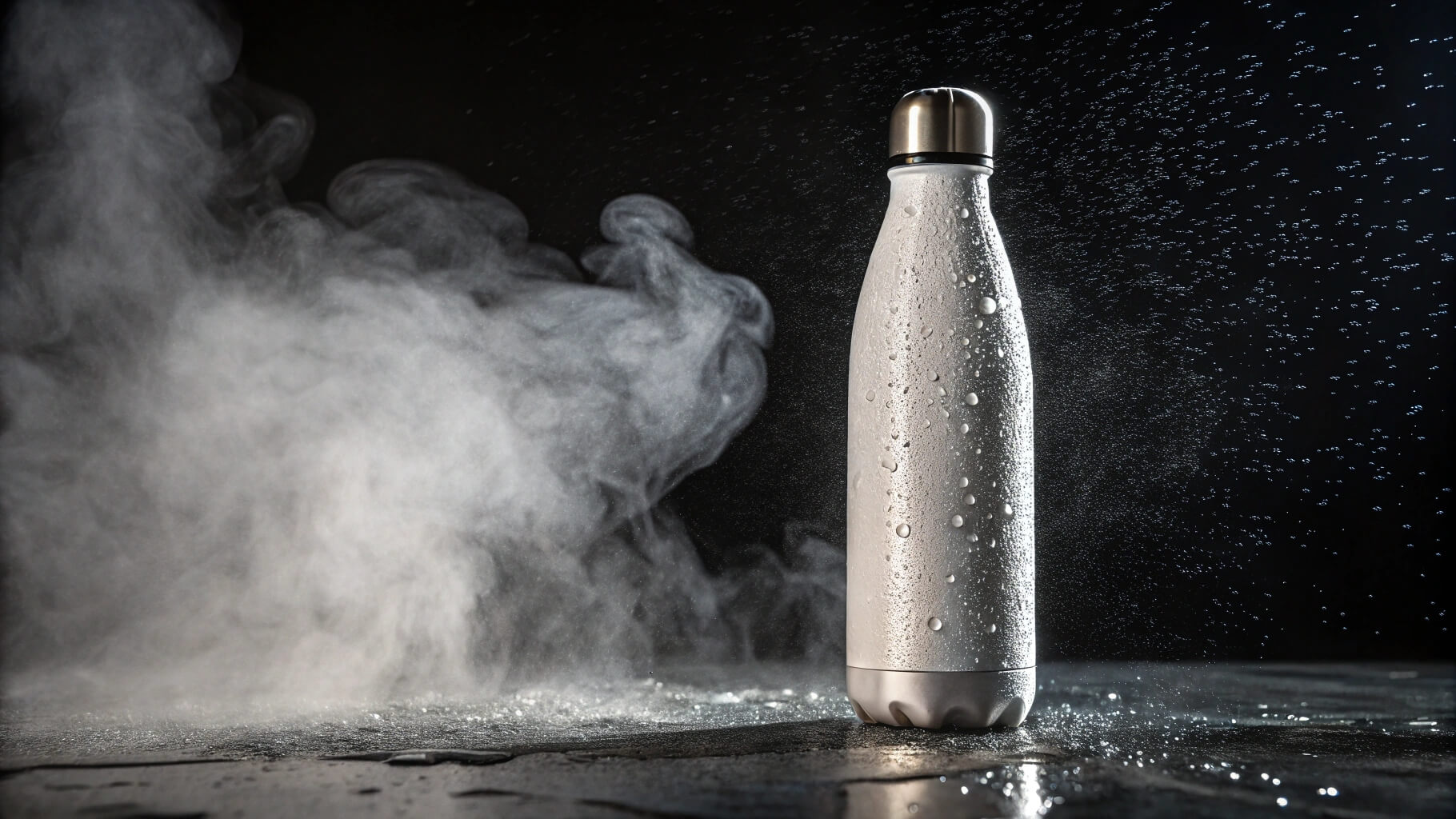 Stainless steel bottle with steam and water droplets