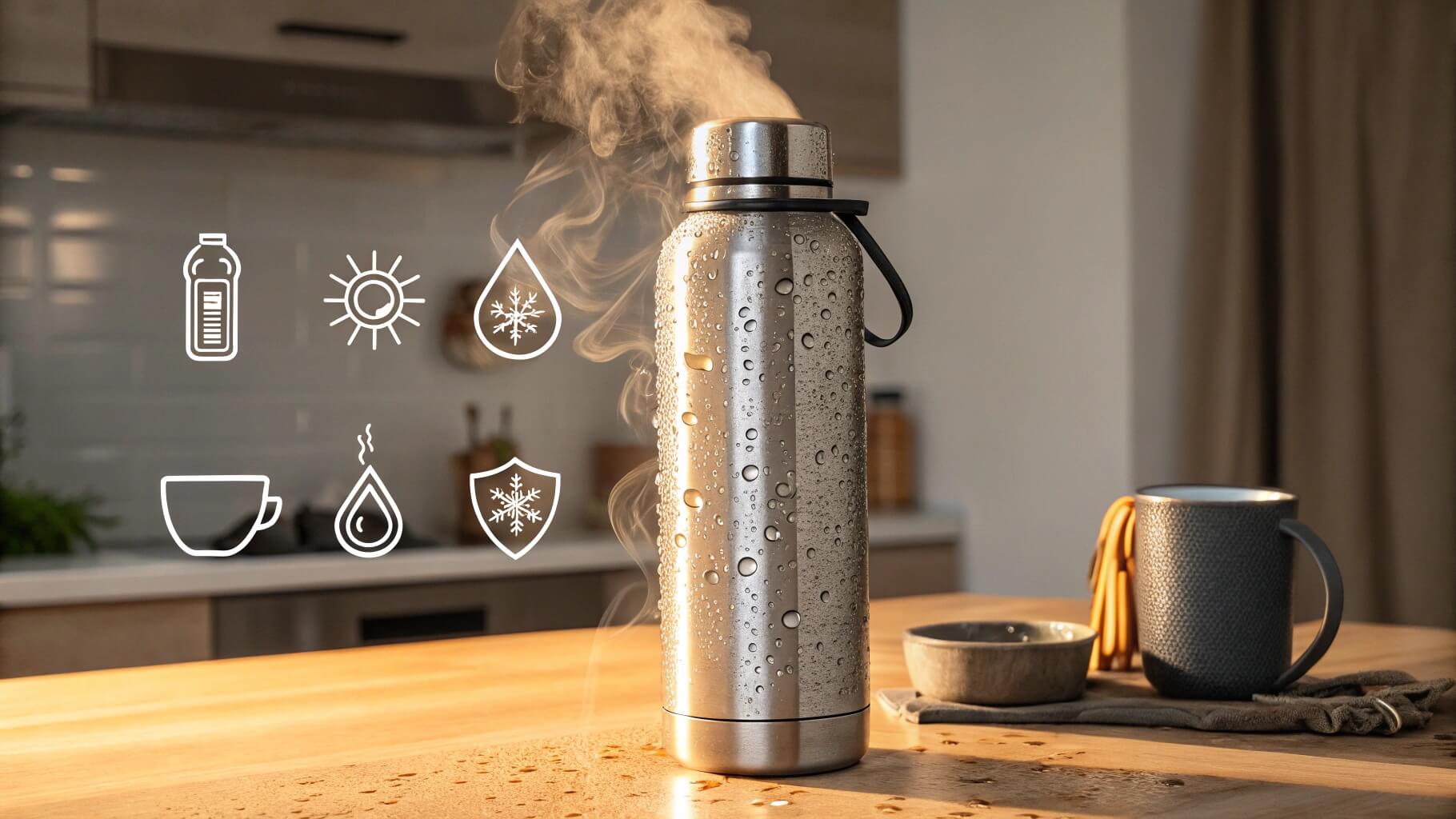 Stainless steel bottle with steam in kitchen