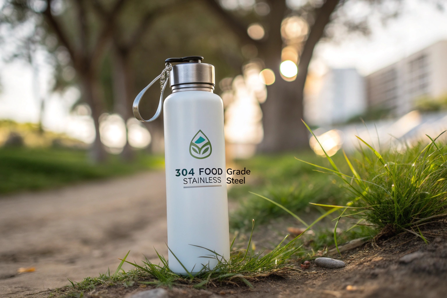 Stainless steel water bottle, eco-friendly reusable design with outdoor background