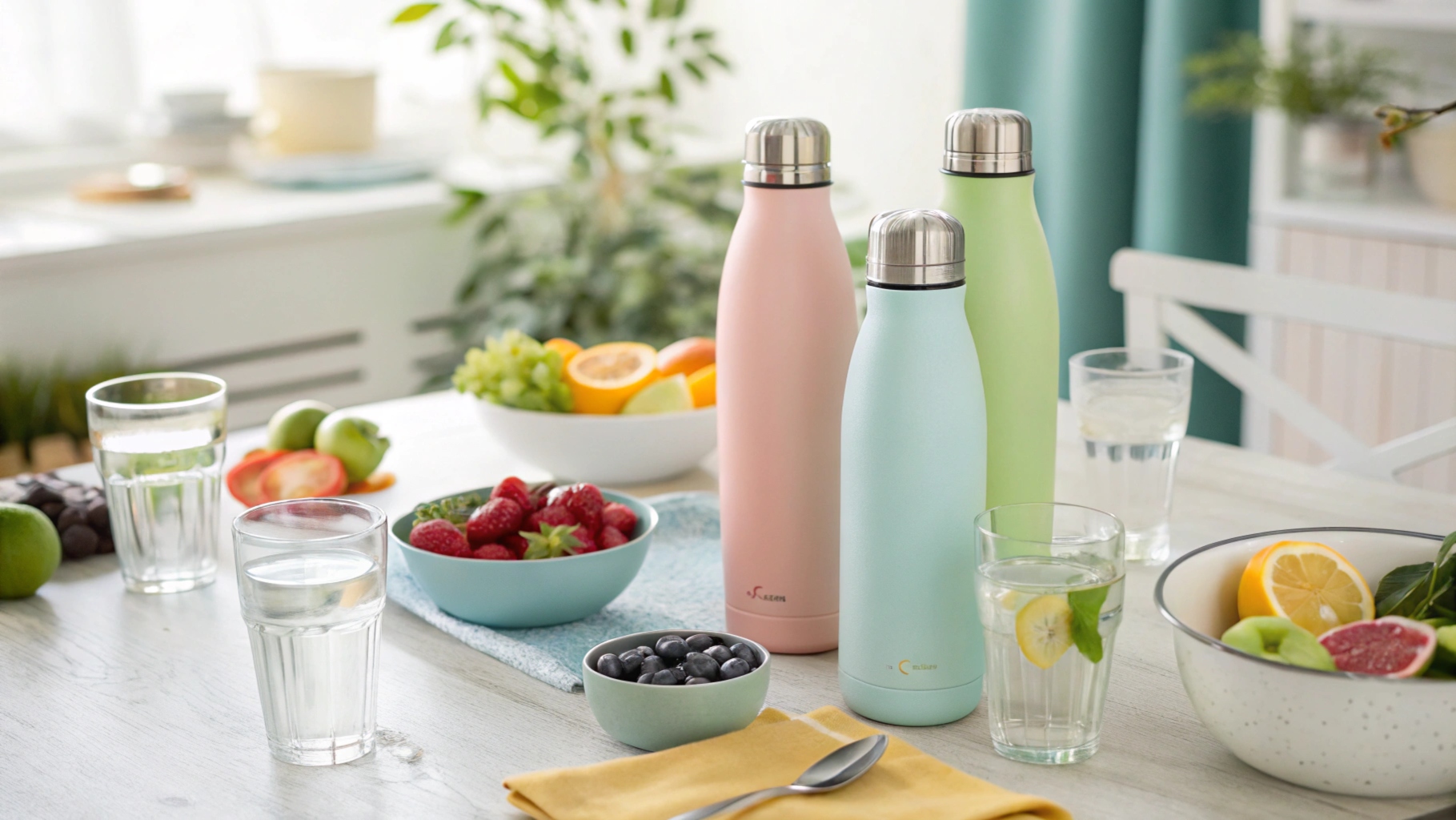 Colorful Insulated water bottles with fruits and beverages, healthy lifestyle setting