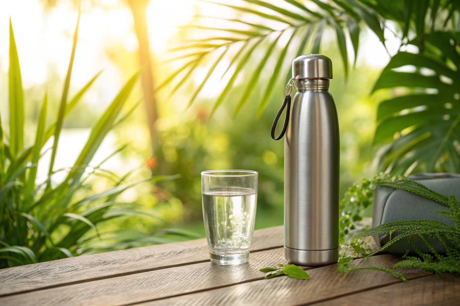 Stainless steel bottle with glass of water on wooden table in nature setting