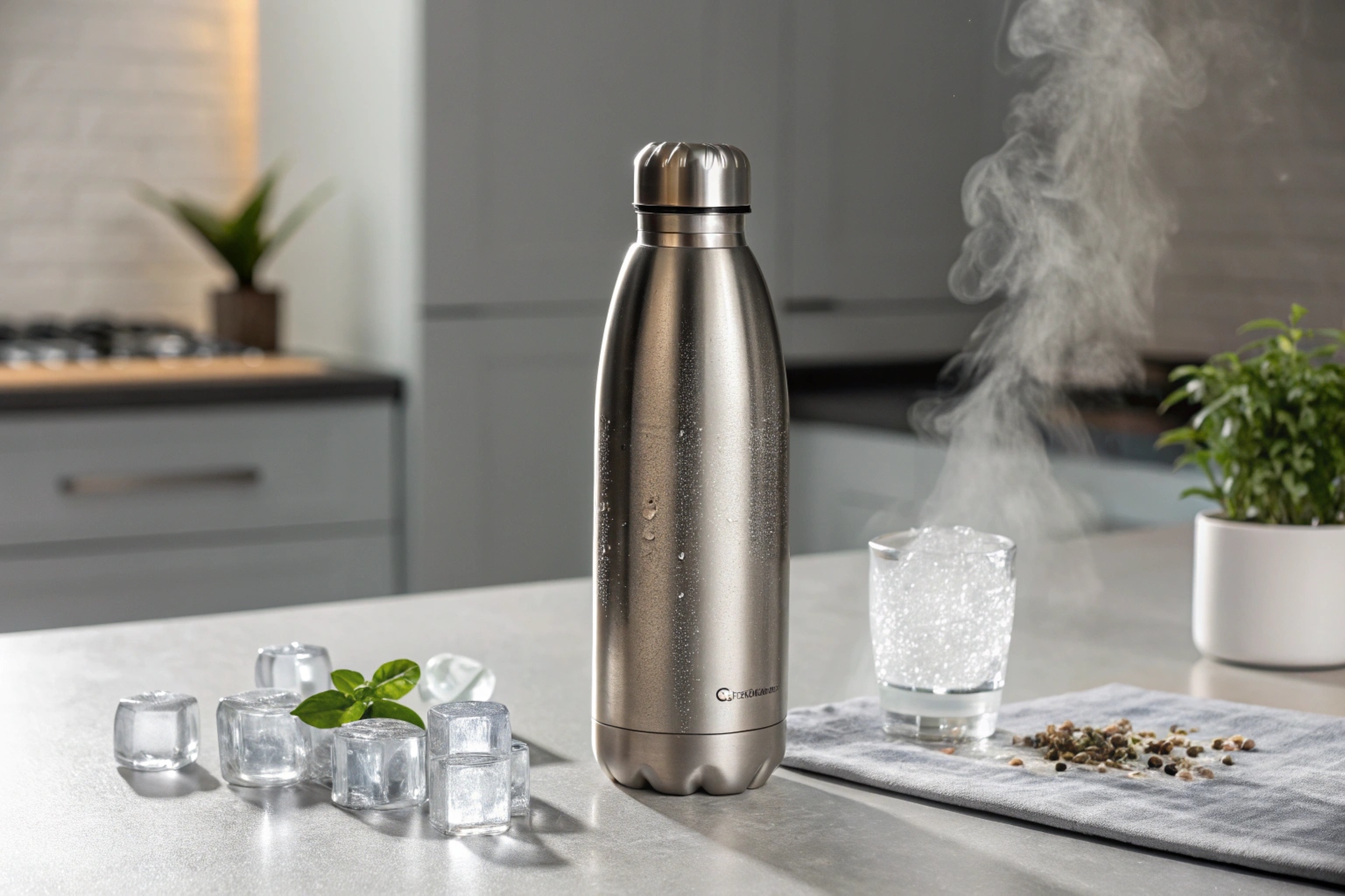 Stainless steel water bottle, steaming drink and ice cubes on kitchen counter