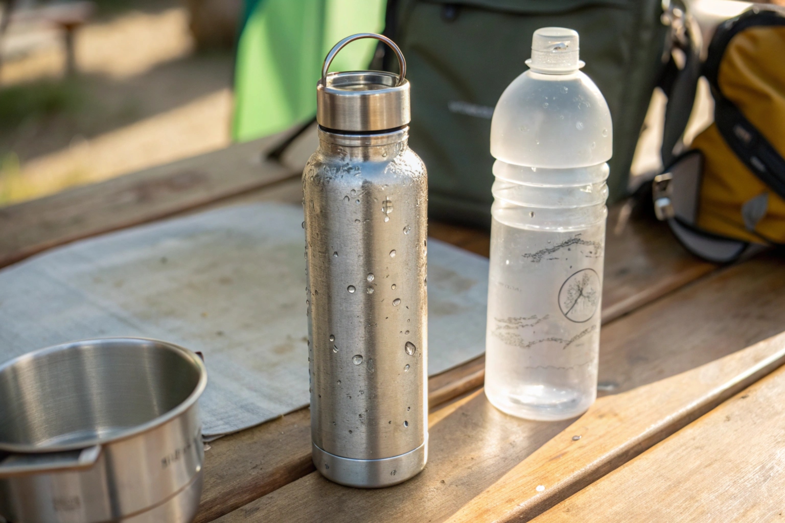 Stainless steel bottle with water droplets next to a plastic bottle on a picnic table