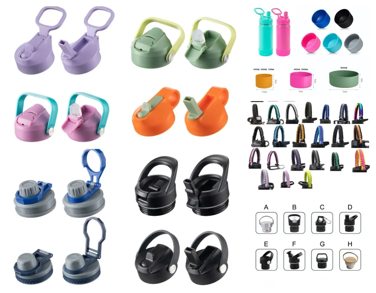 Different lids and accessories for stainless steel water bottles