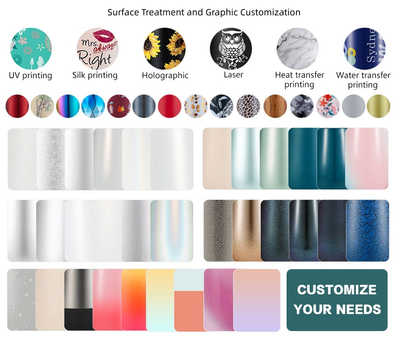 Different surface treatment and graphic customization techniques for stainless steel water bottles