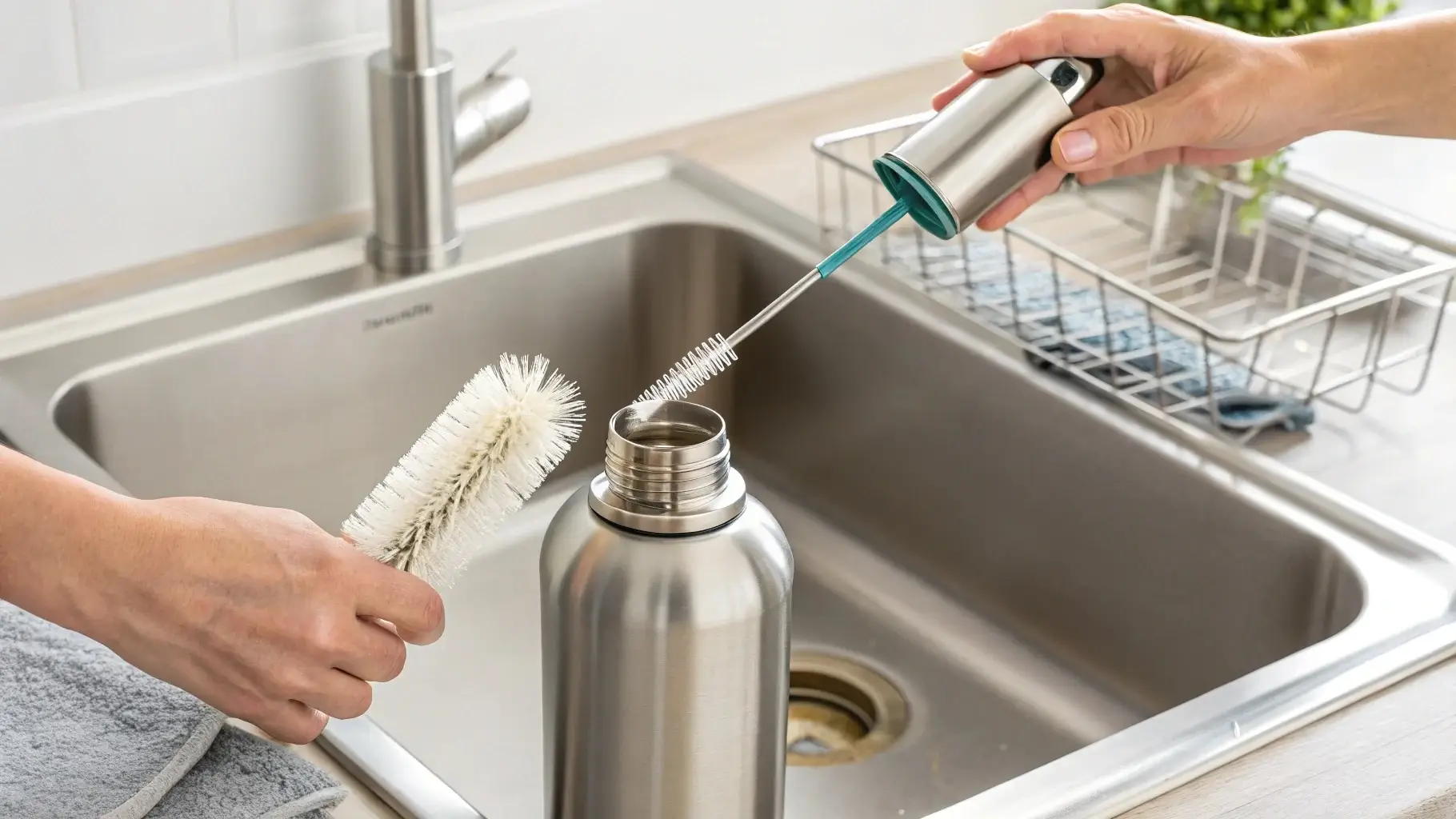 Cleaning deep inside stainless steel bottle with brush