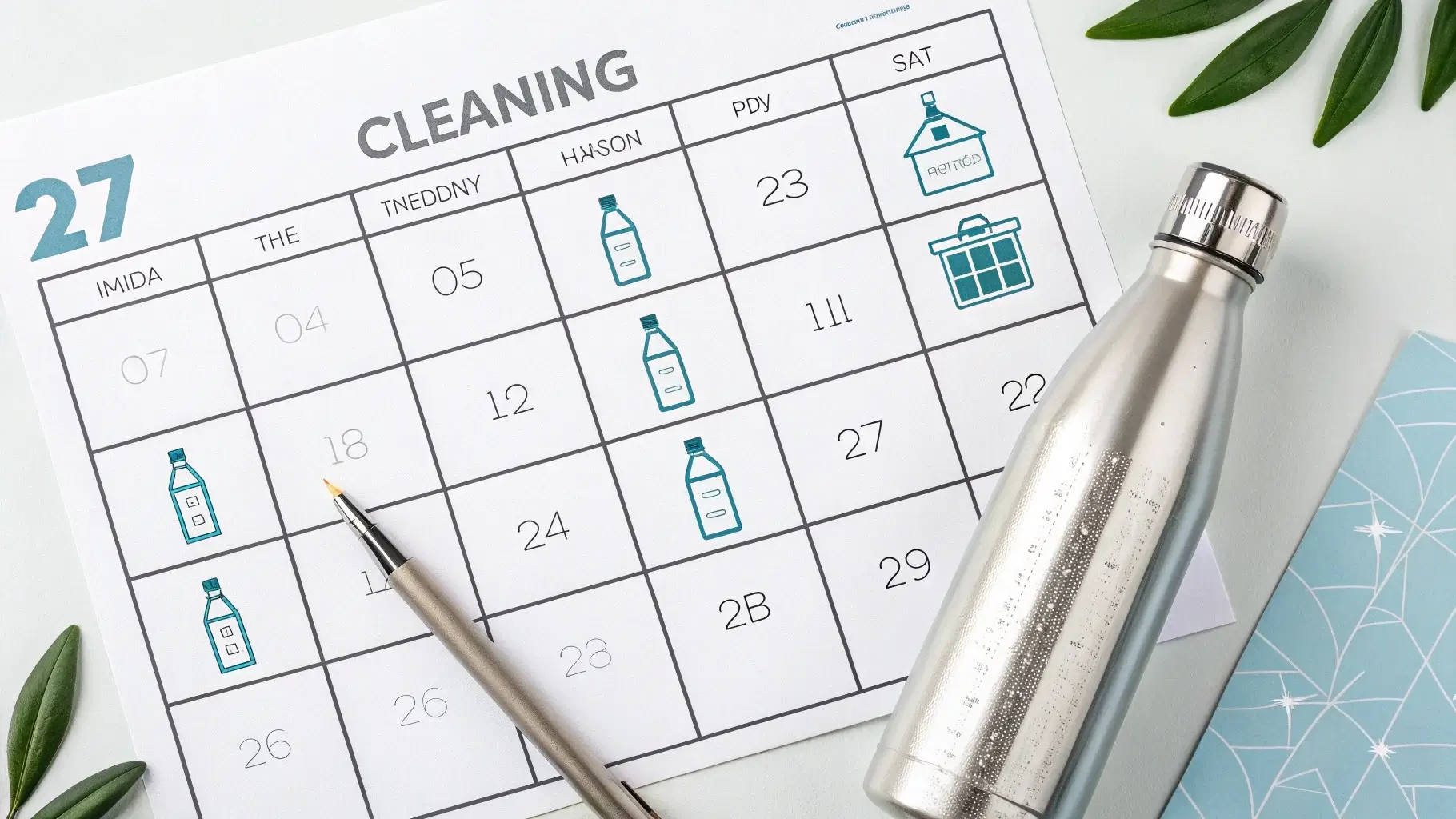Water bottle cleaning schedule marked on calendar