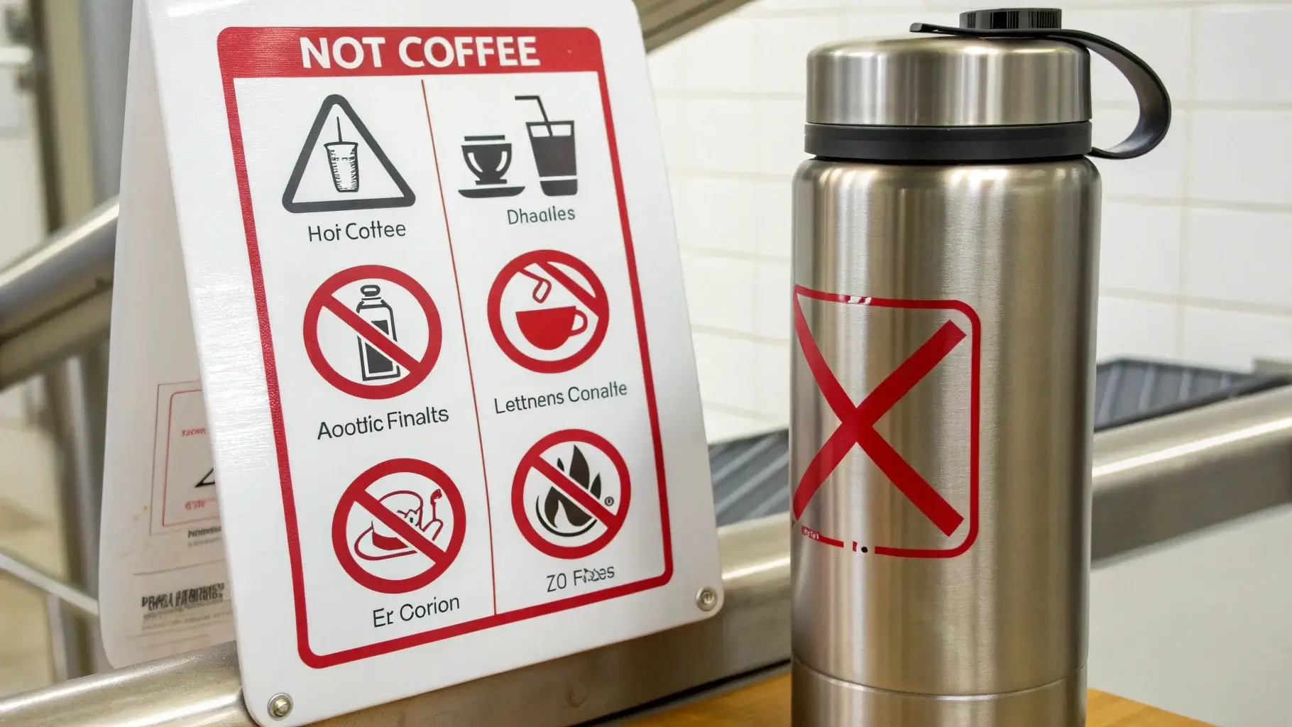 Water bottle with warning signs for hot, acidic, fizzy drinks