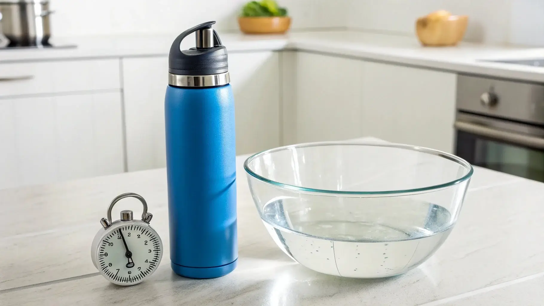 Water bottle soaking in vinegar solution with timer