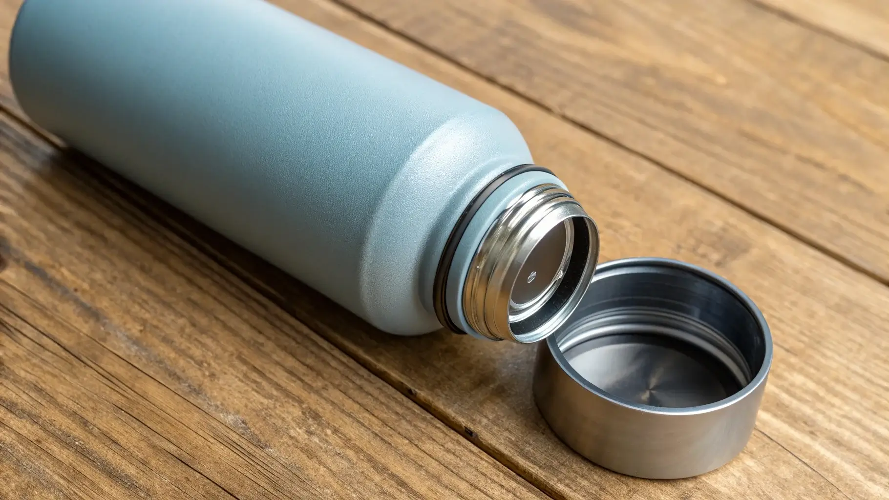 Close-up of an aluminum water bottle with epoxy lining label
