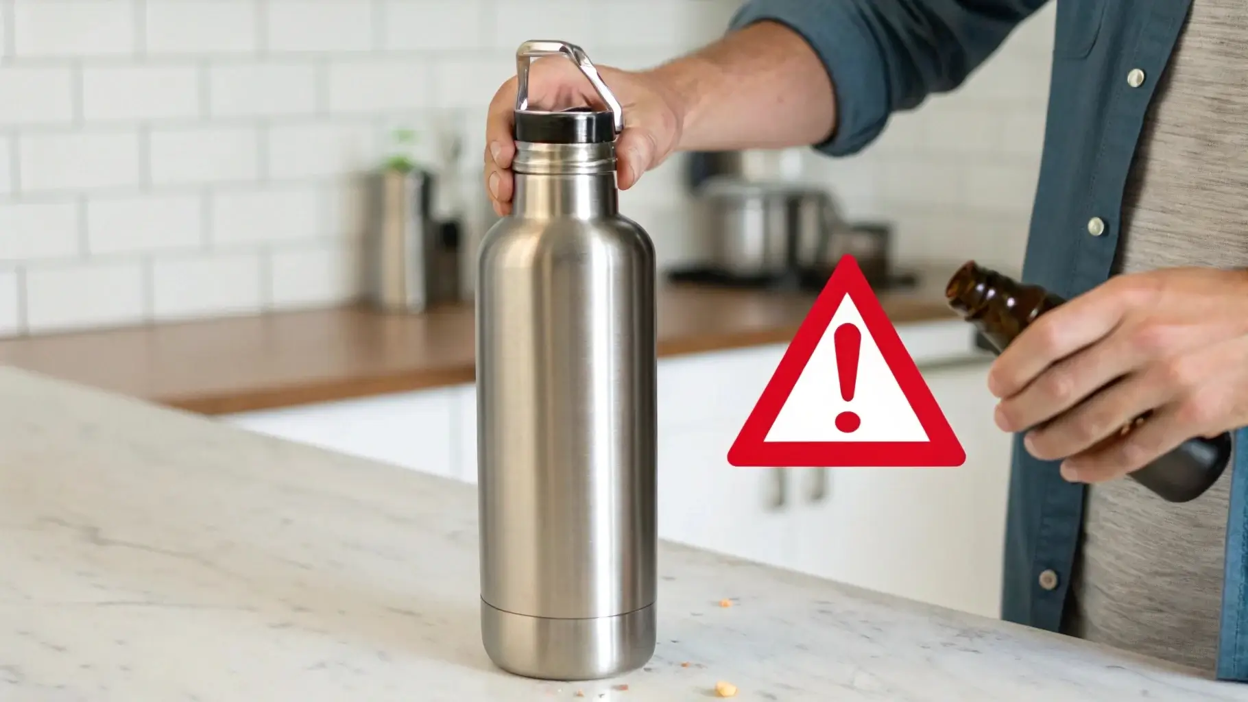 Soda fizzing out of an insulated water bottle with a warning label