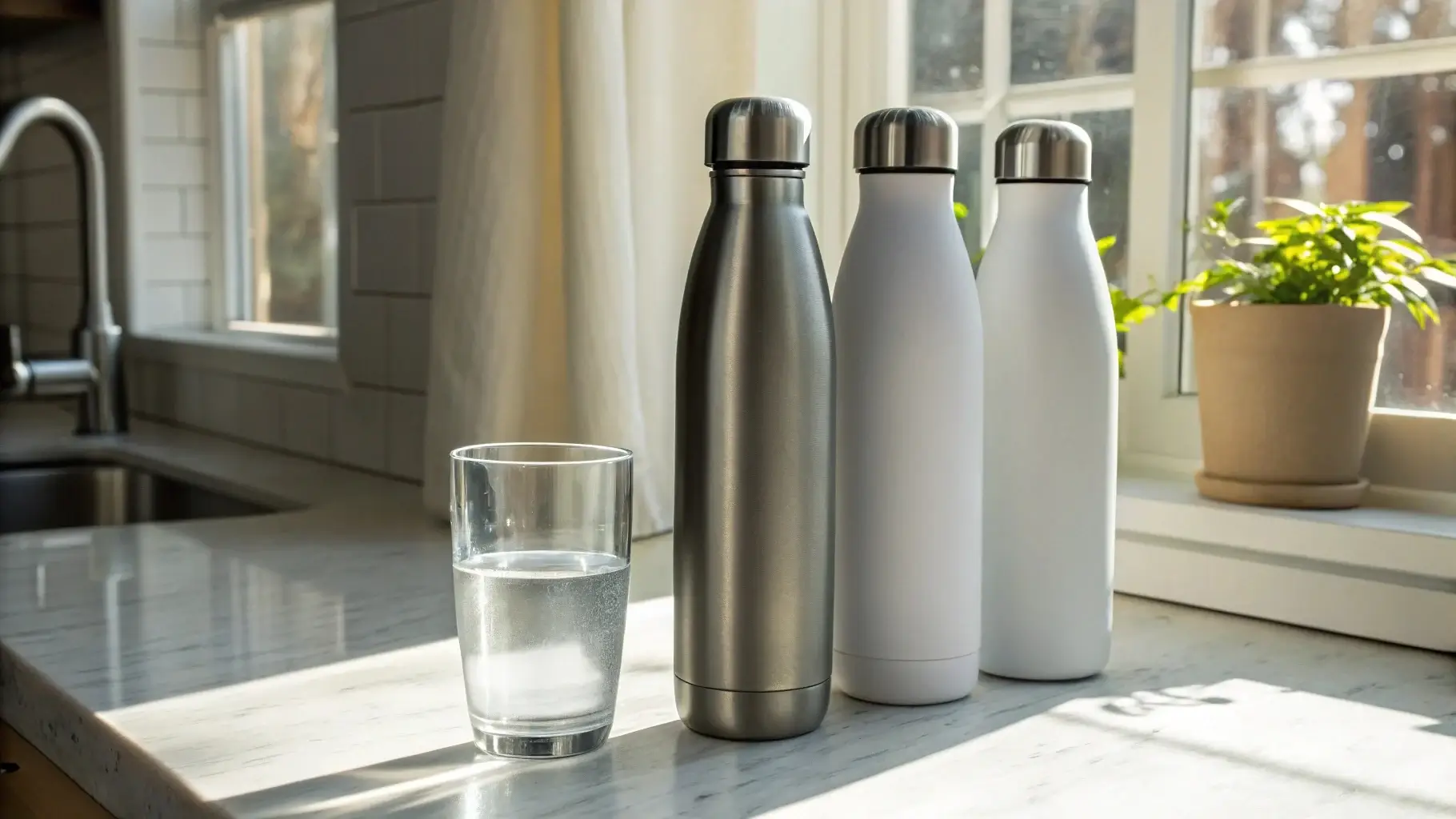 Group of reusable stainless steel bottles on a kitchen counter beside a glass of water