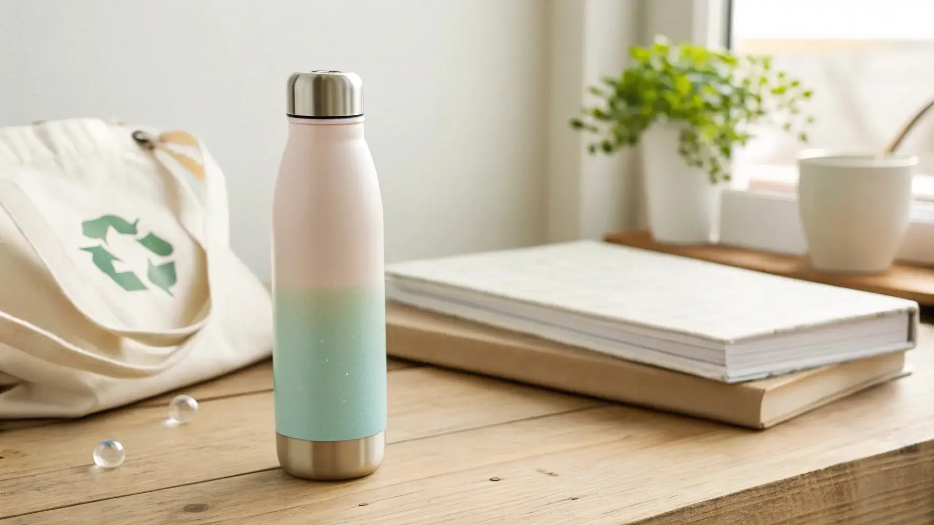 Clean, reusable stainless steel bottle with eco icons