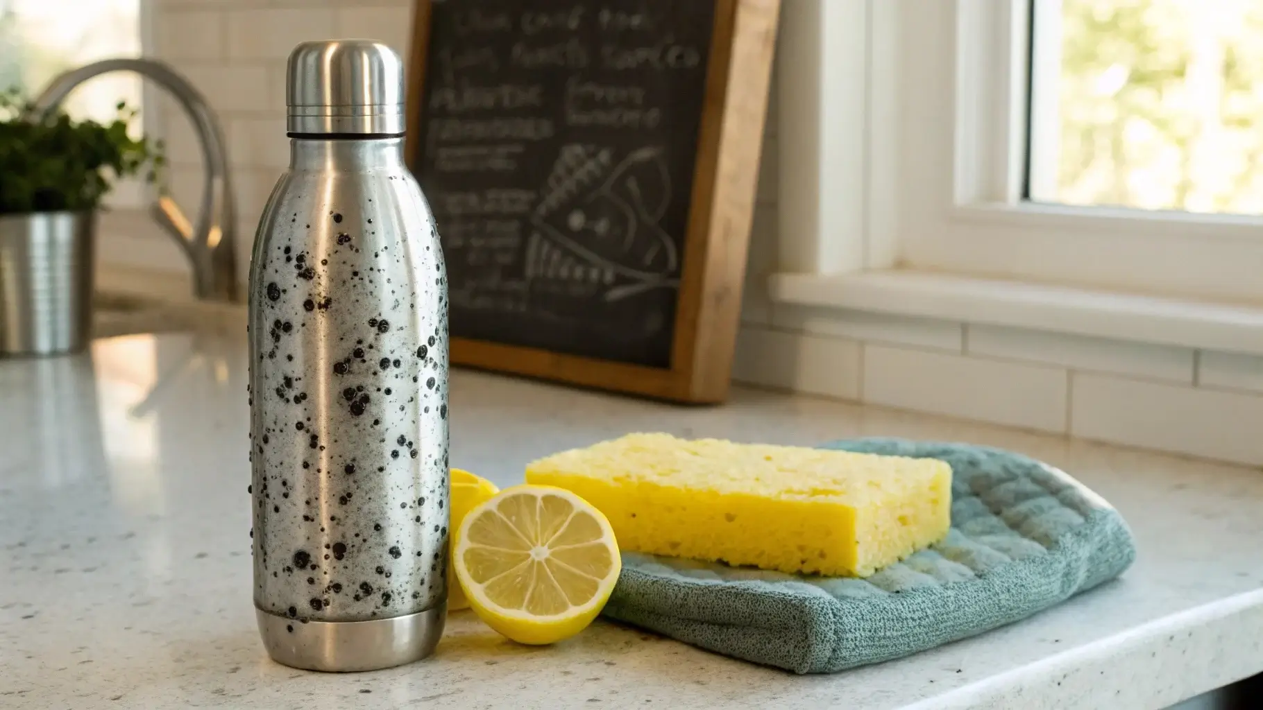 Stainless steel water bottle with hard mineral spots and cleaning supplies nearby