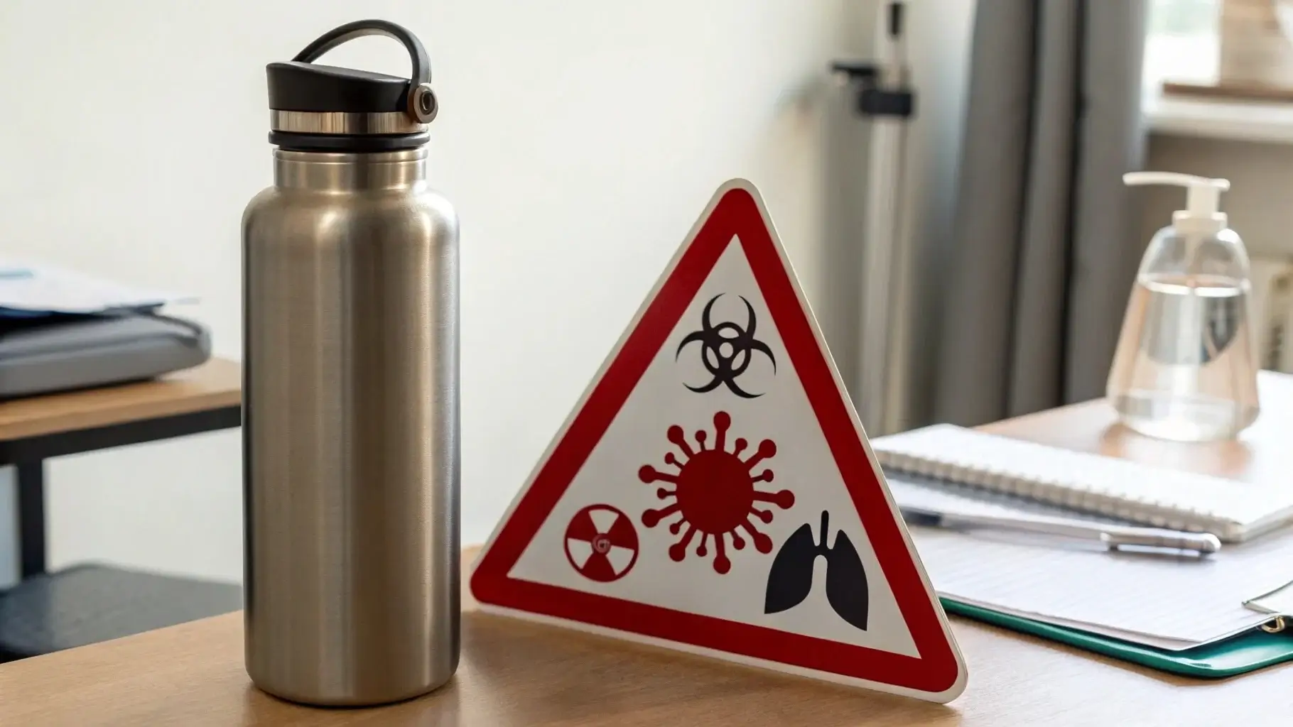 Black mold warning near water bottle and health symbols