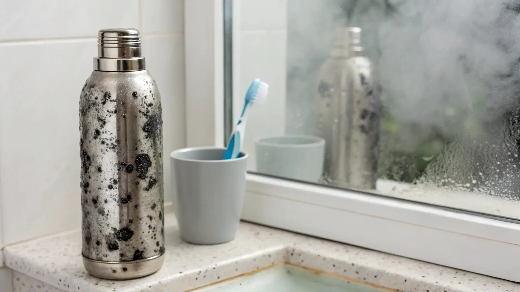 Open stainless steel water bottle with visible black mold inside, placed on a bathroom shelf