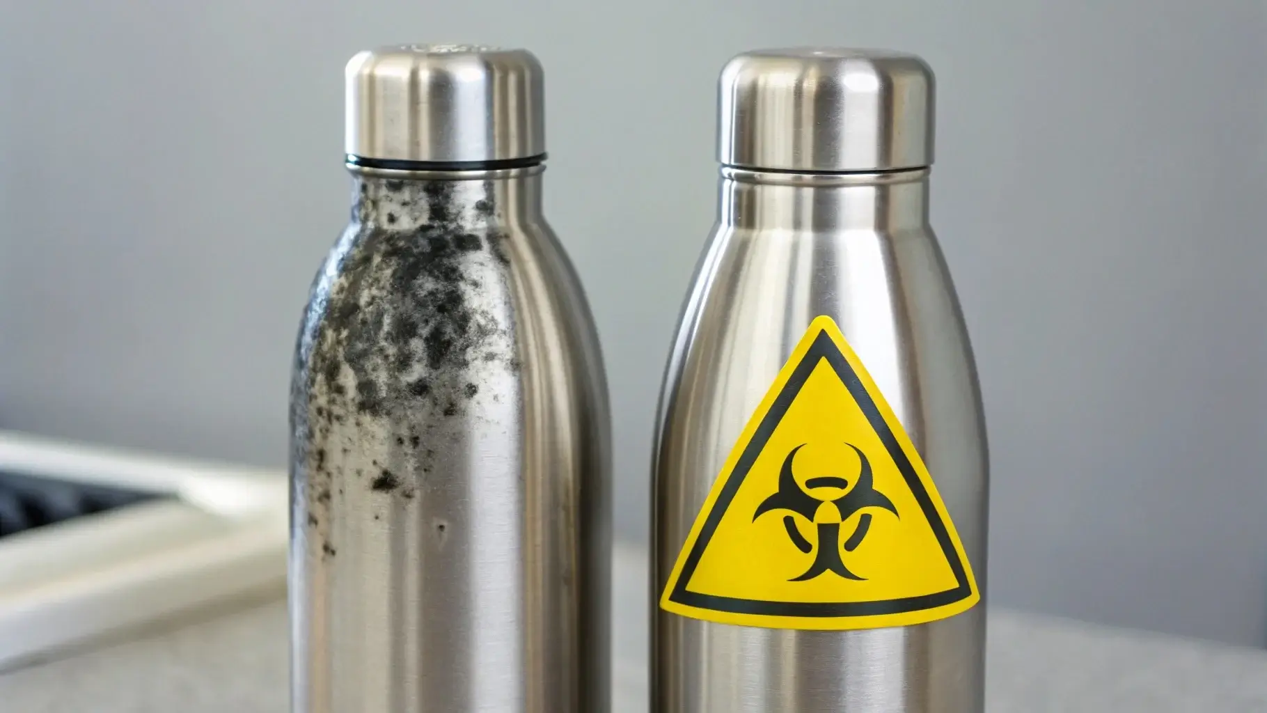 Stainless steel bottle surrounded by hazard signs and clean vs. dirty comparison