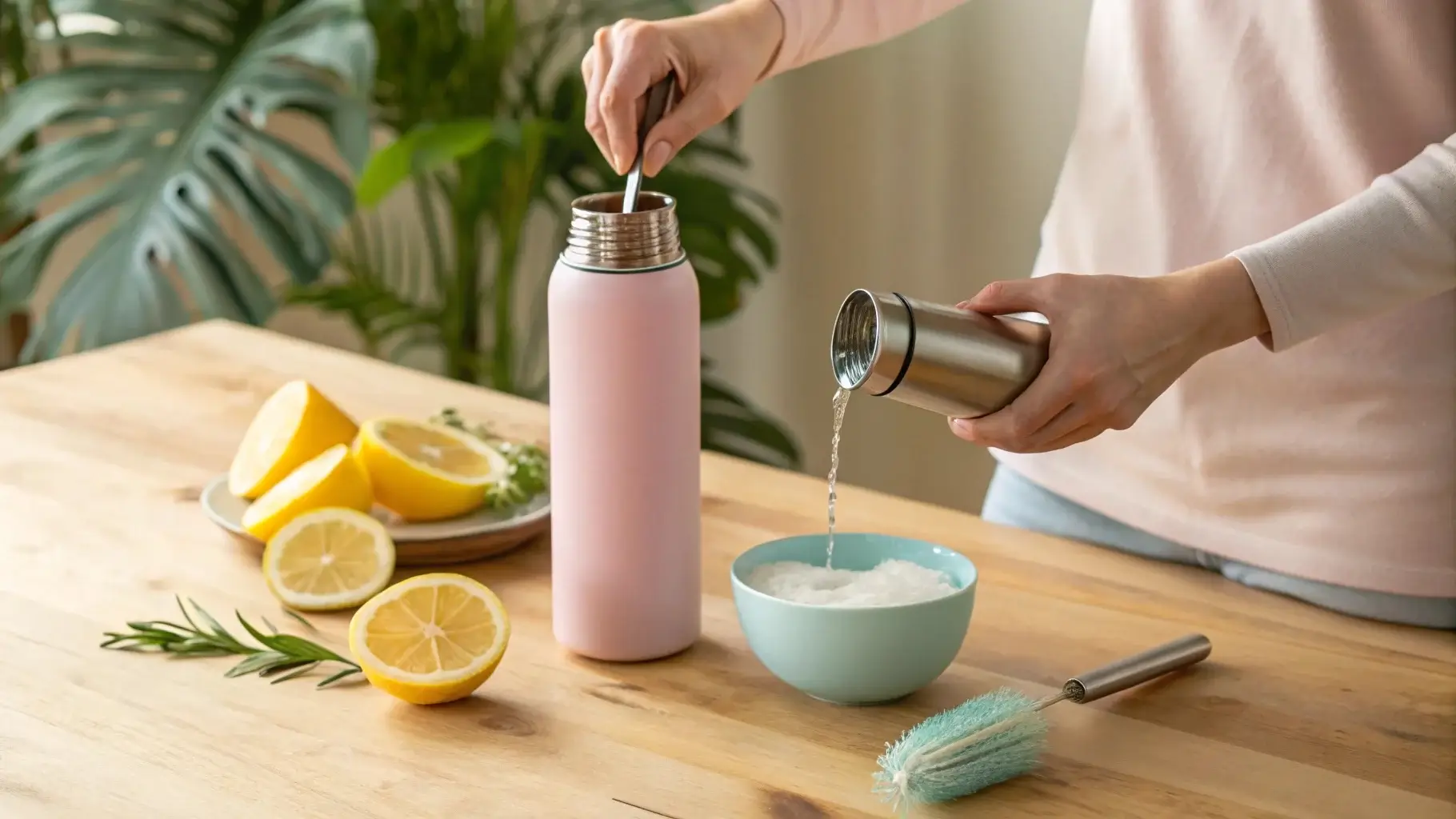 Activated charcoal beside stainless steel bottle