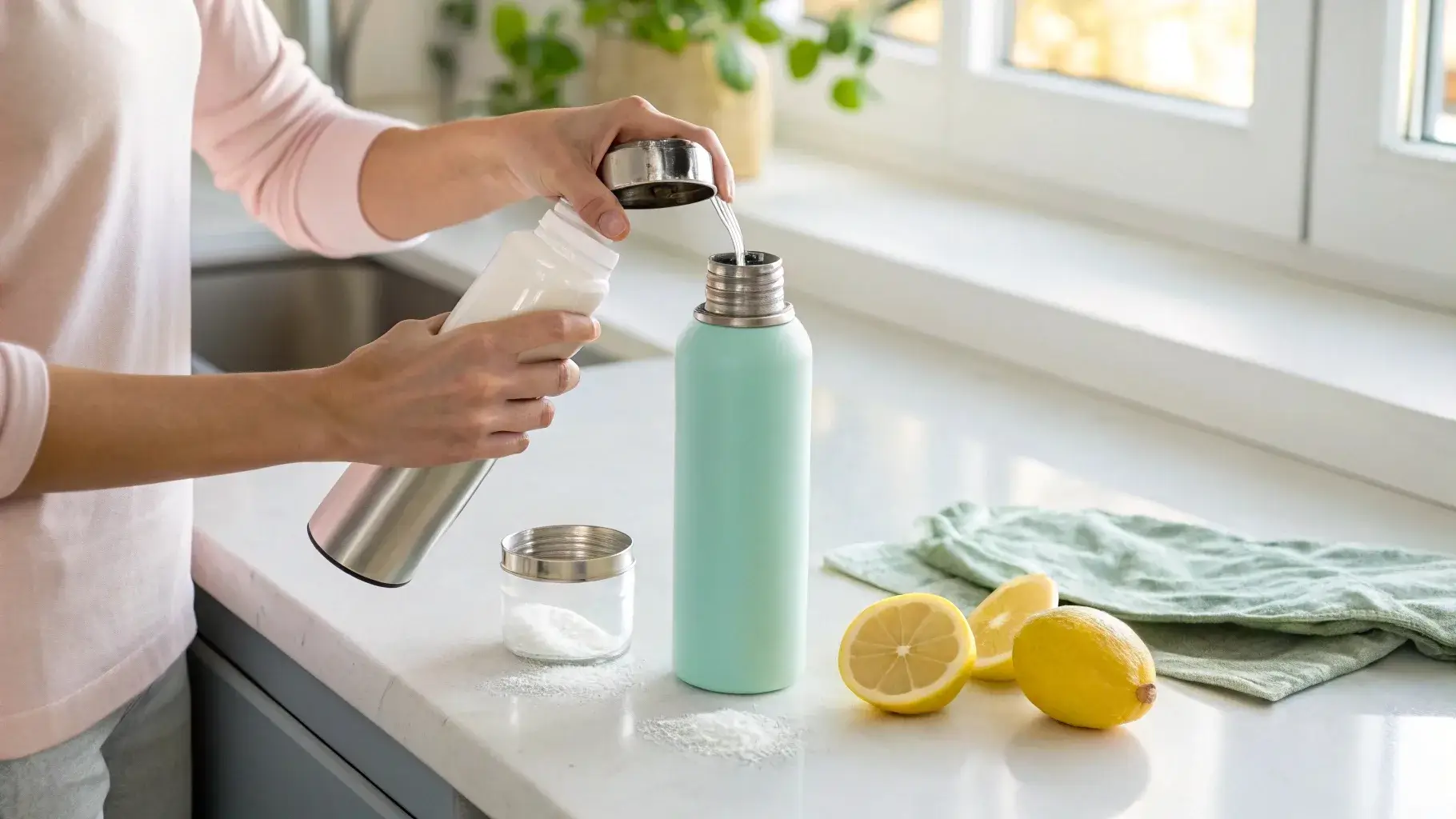 Cleaning stainless steel bottle with lemon and baking soda