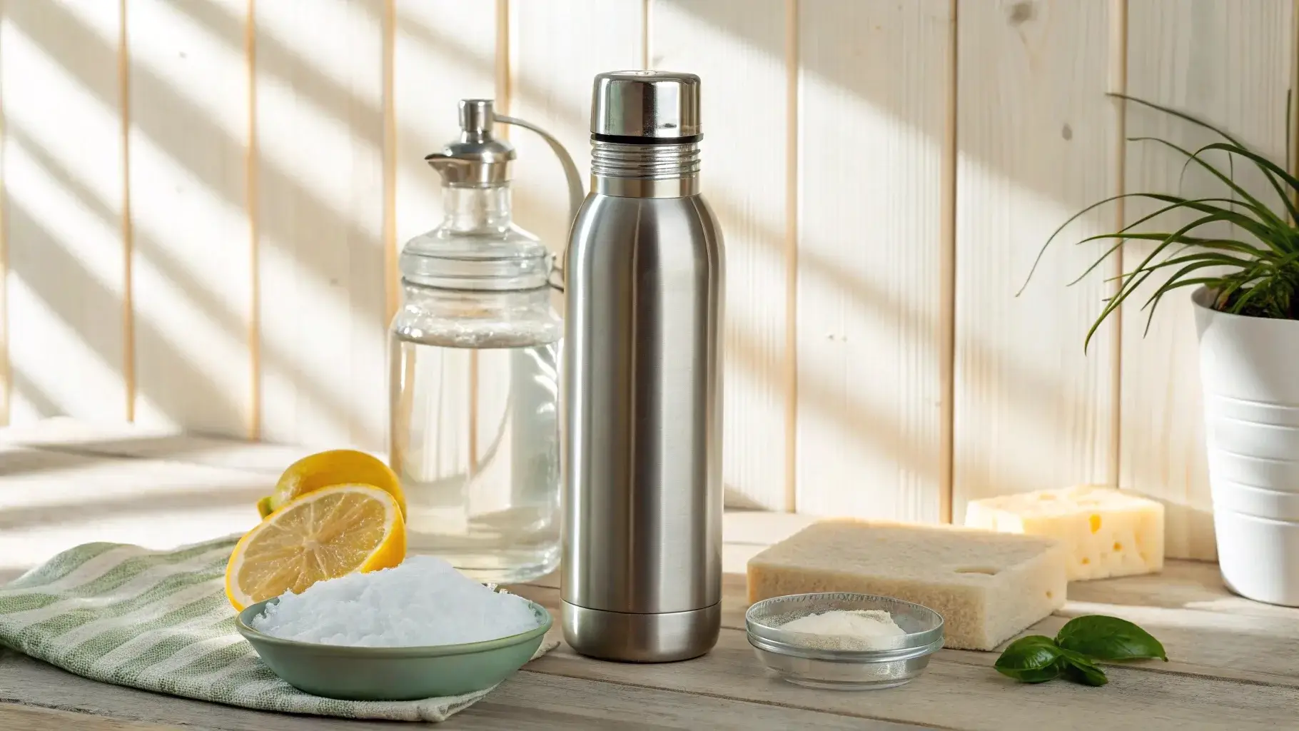 Mild dish soap, vinegar, baking soda, and denture tablets arranged beside a clean bottle