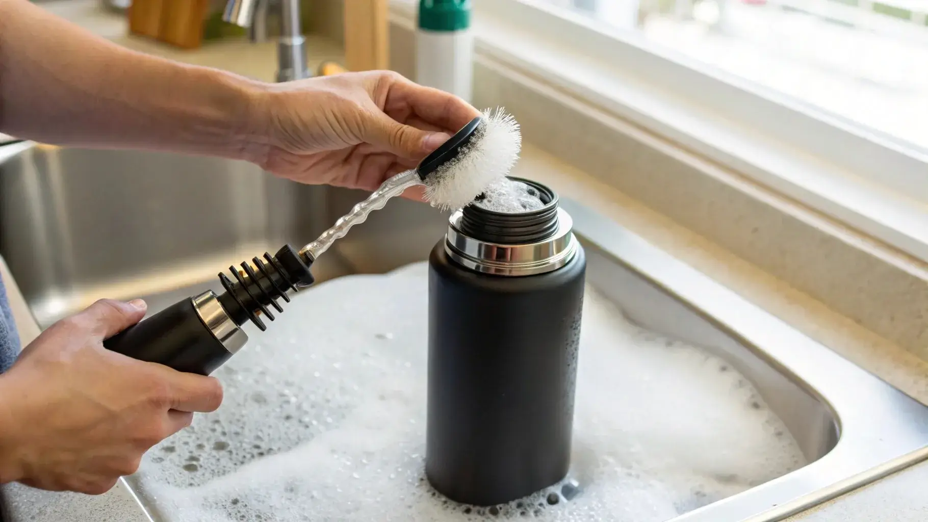 Hand scrubbing inside Yeti-style bottle with brush