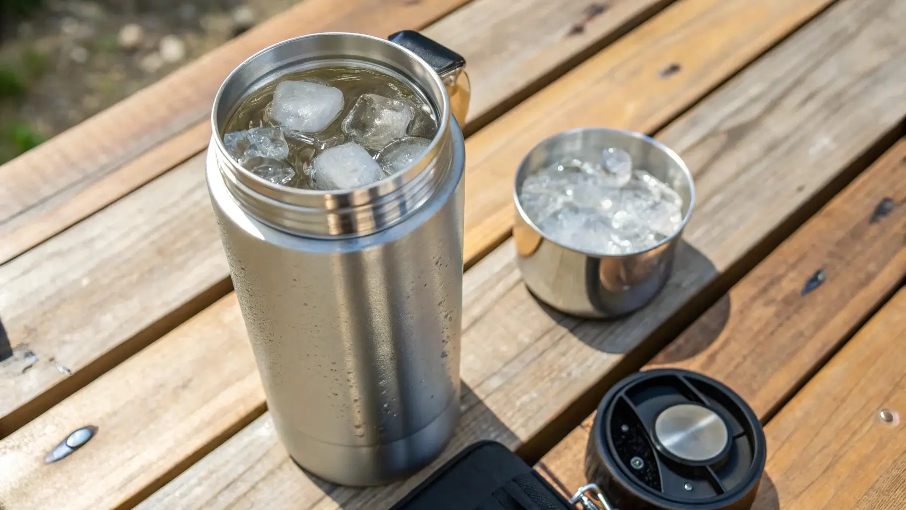 Icy water inside a stainless steel insulated bottle after 24 hours