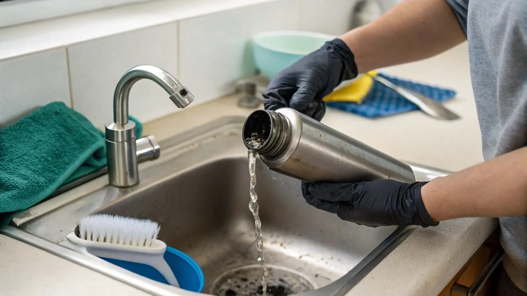 Water bottle being emptied with black particles