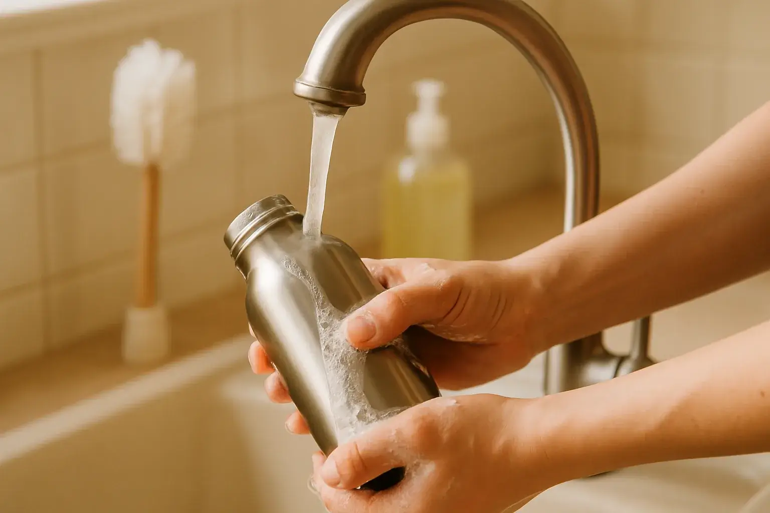 Person rinsing a stainless steel bottle under warm running water in a kitchen