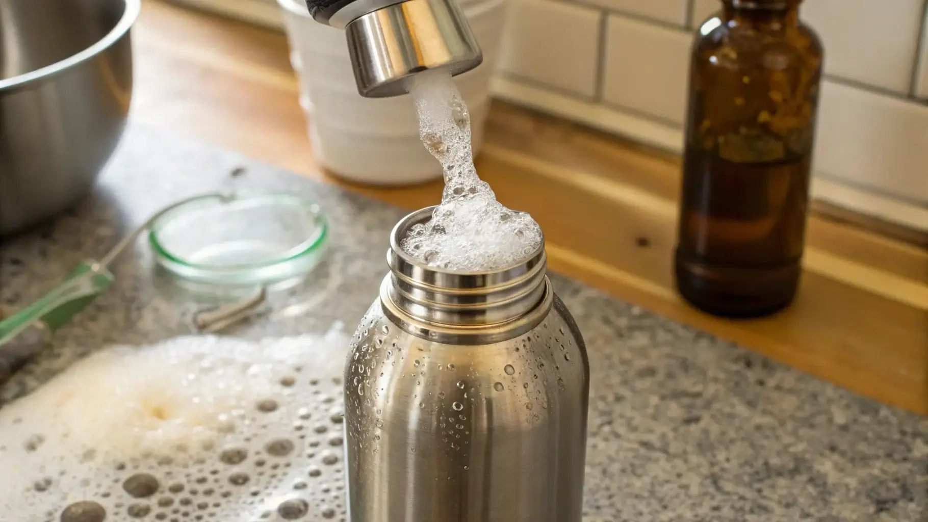 Open stainless steel bottle fizzing with baking soda and vinegar inside