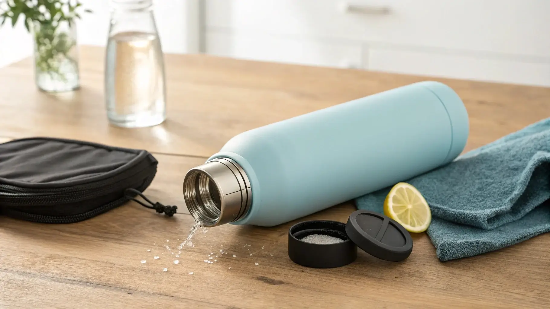 Metal bottles cleaned with vinegar and lemon