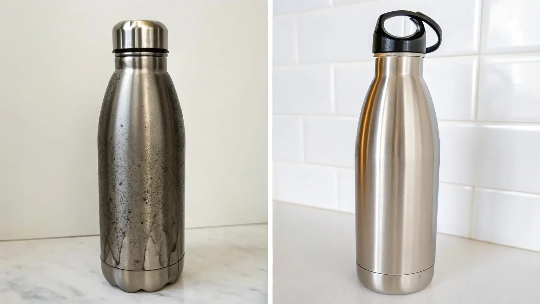 Comparison of a dirty stainless steel bottle vs a clean one on a white background