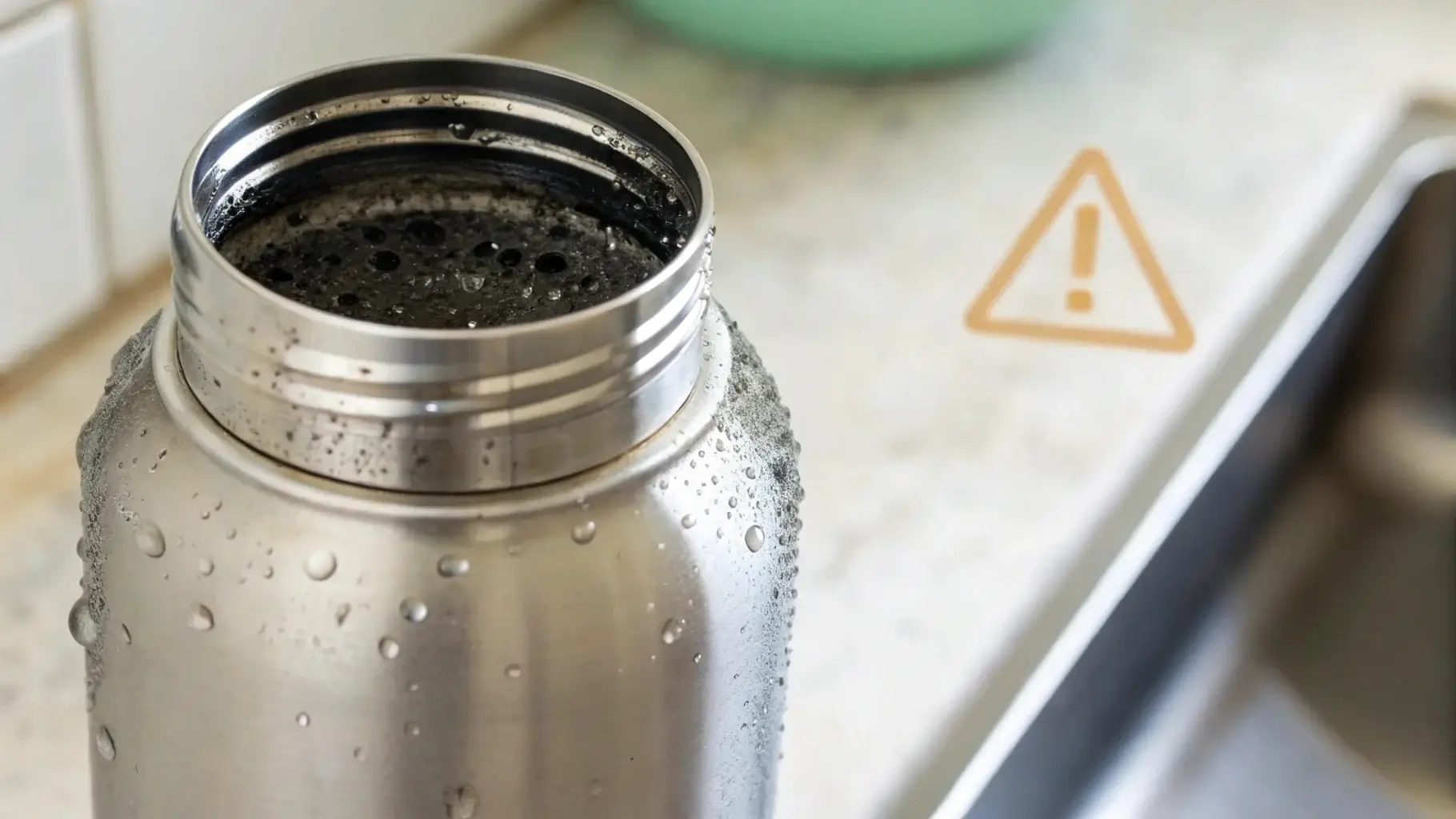 Open dirty water bottle with mold and bad smell
