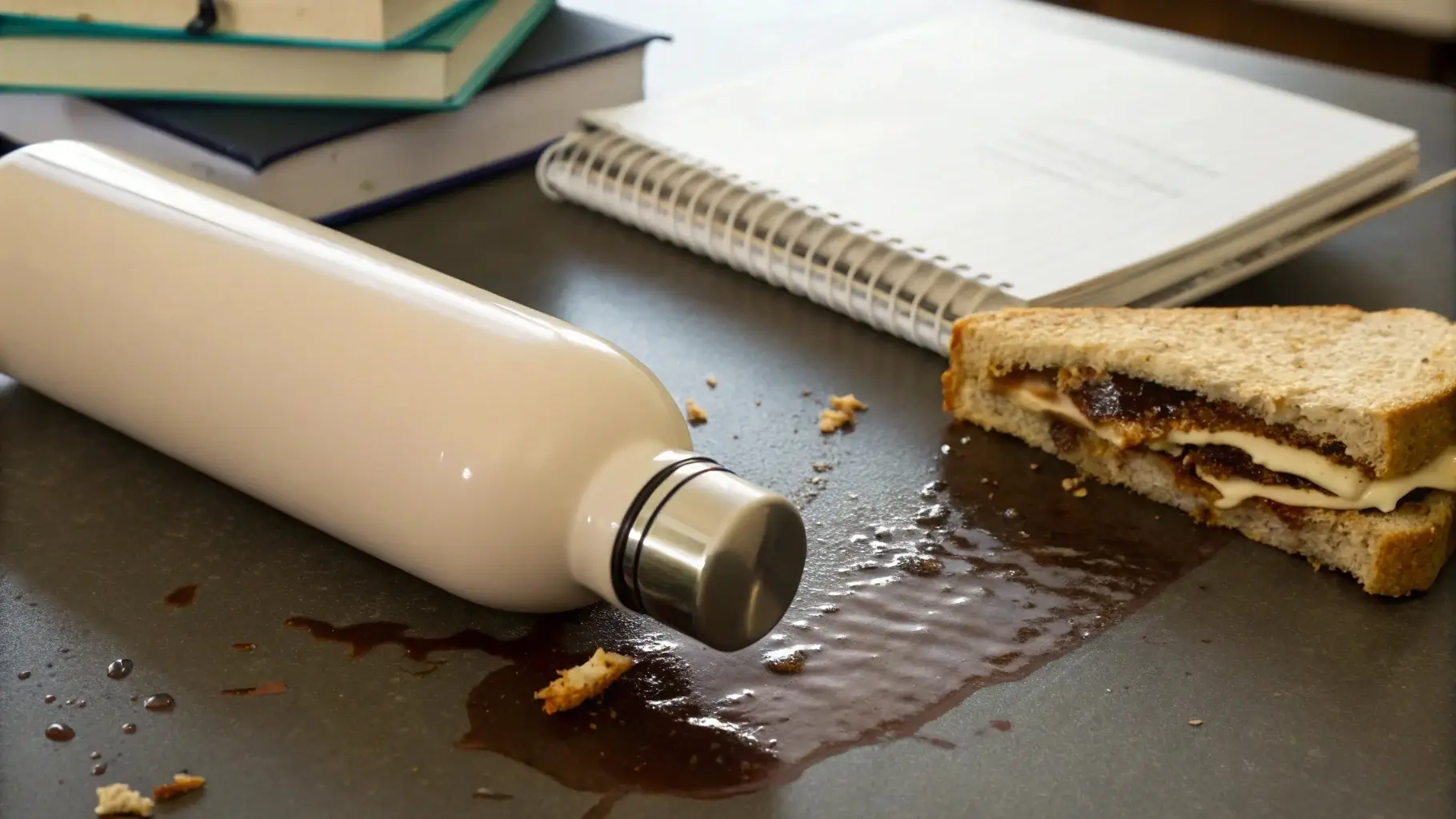 Stainless steel bottle with warning label and spilled black water on desk