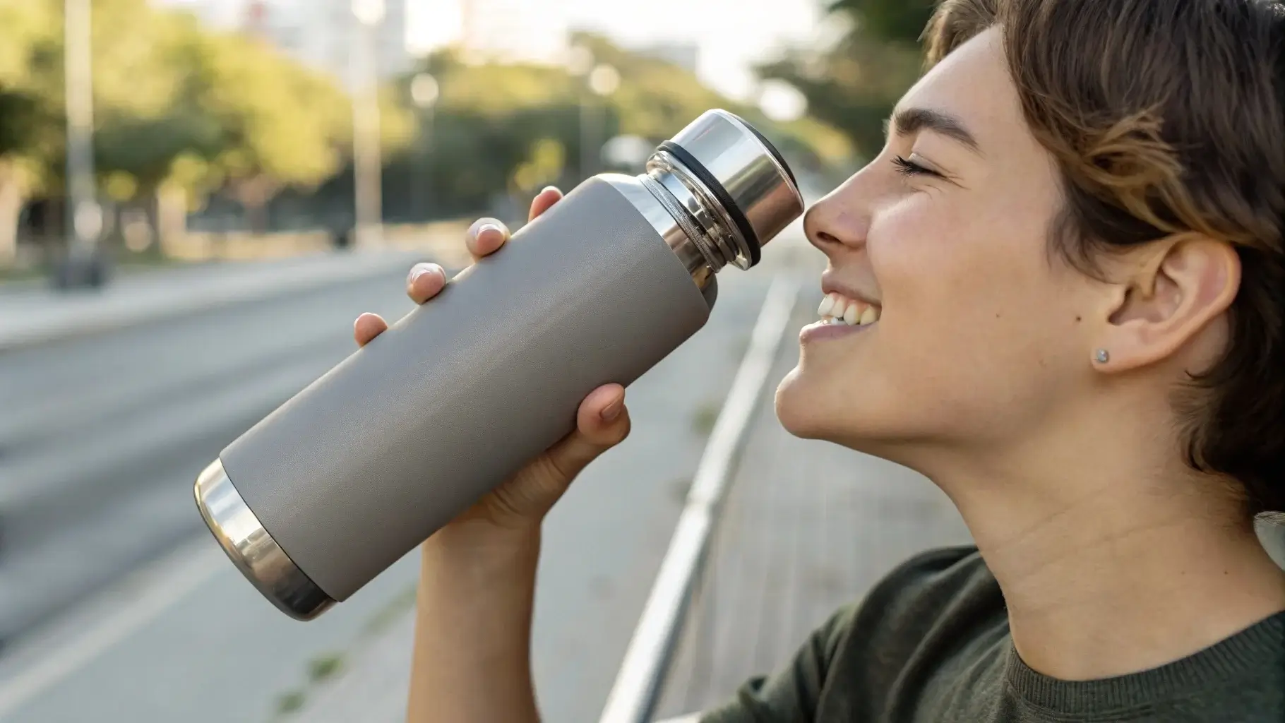 Person drinking from a stainless steel water bottle outdoors