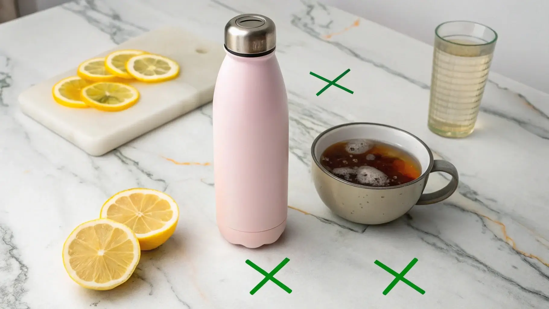 Citrus, soda, and hot drinks near stainless bottle