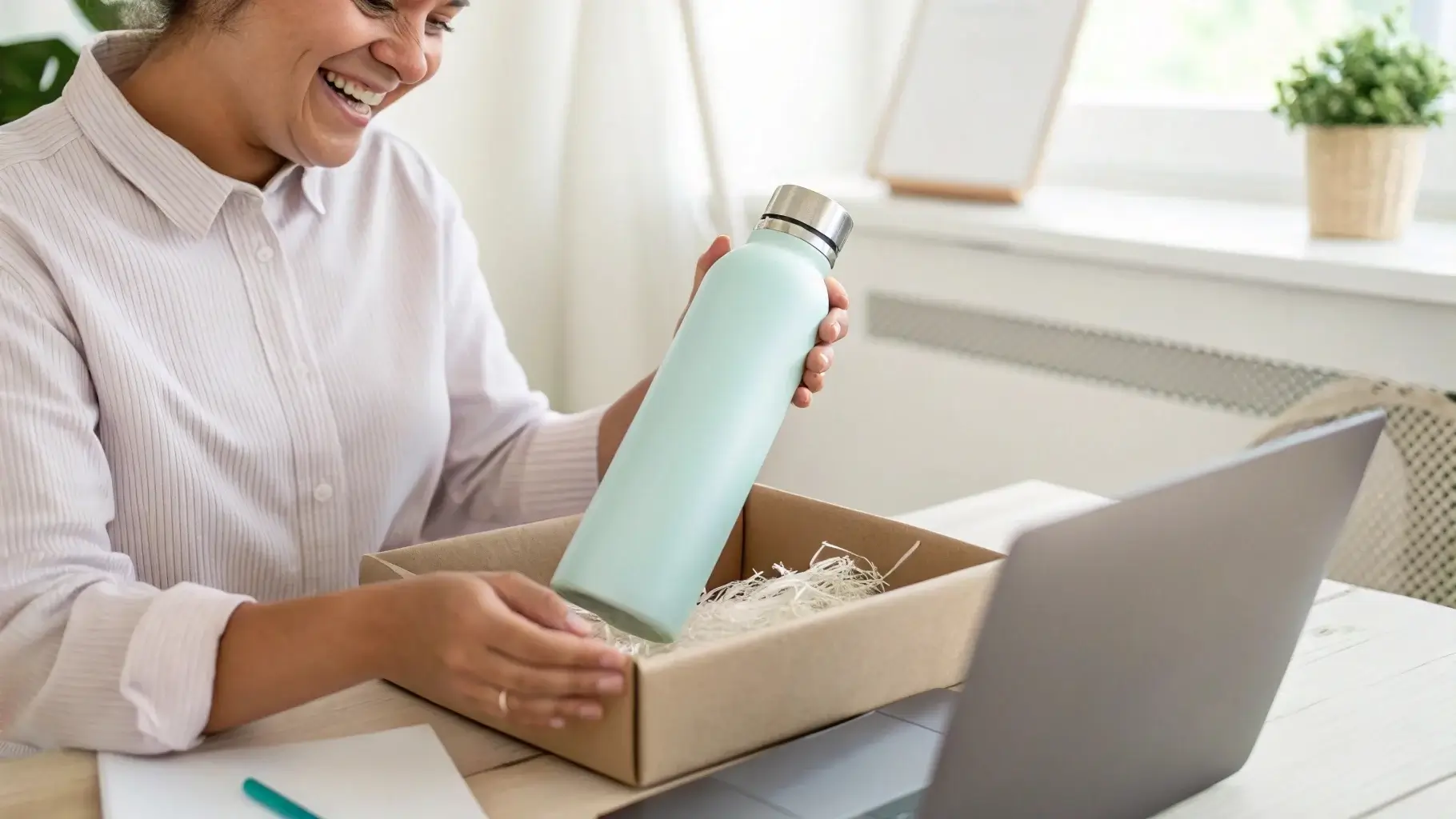 Person holding new water bottle happily at desk