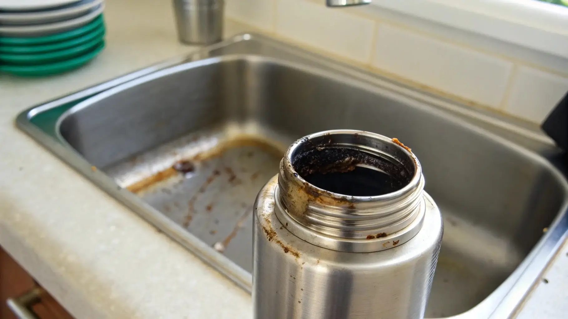 Open stainless steel bottle with visible sticky residue inside