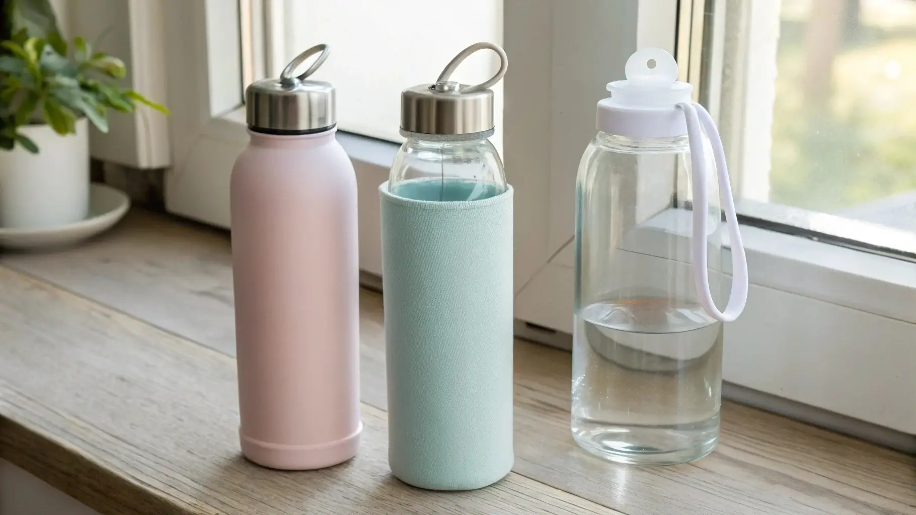Stainless steel, glass, and BPA-free plastic bottles on table