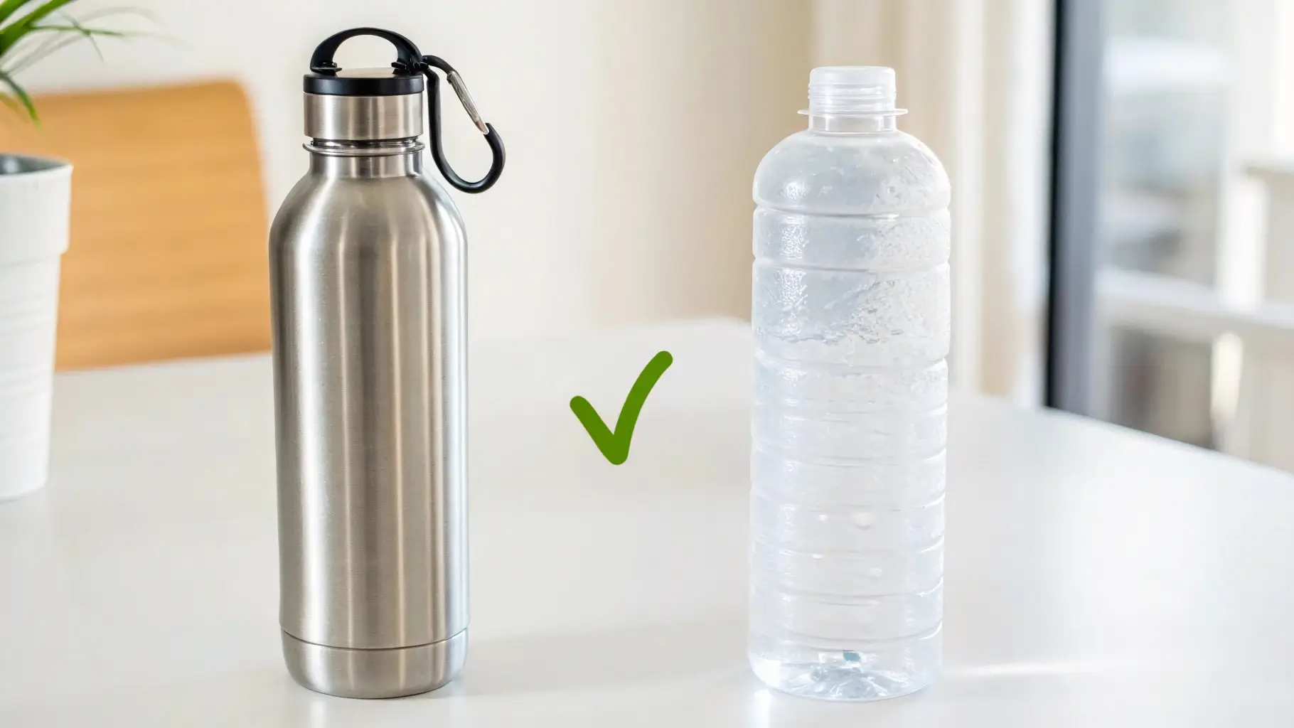 Stainless steel and plastic bottles side by side with BPA-free tag