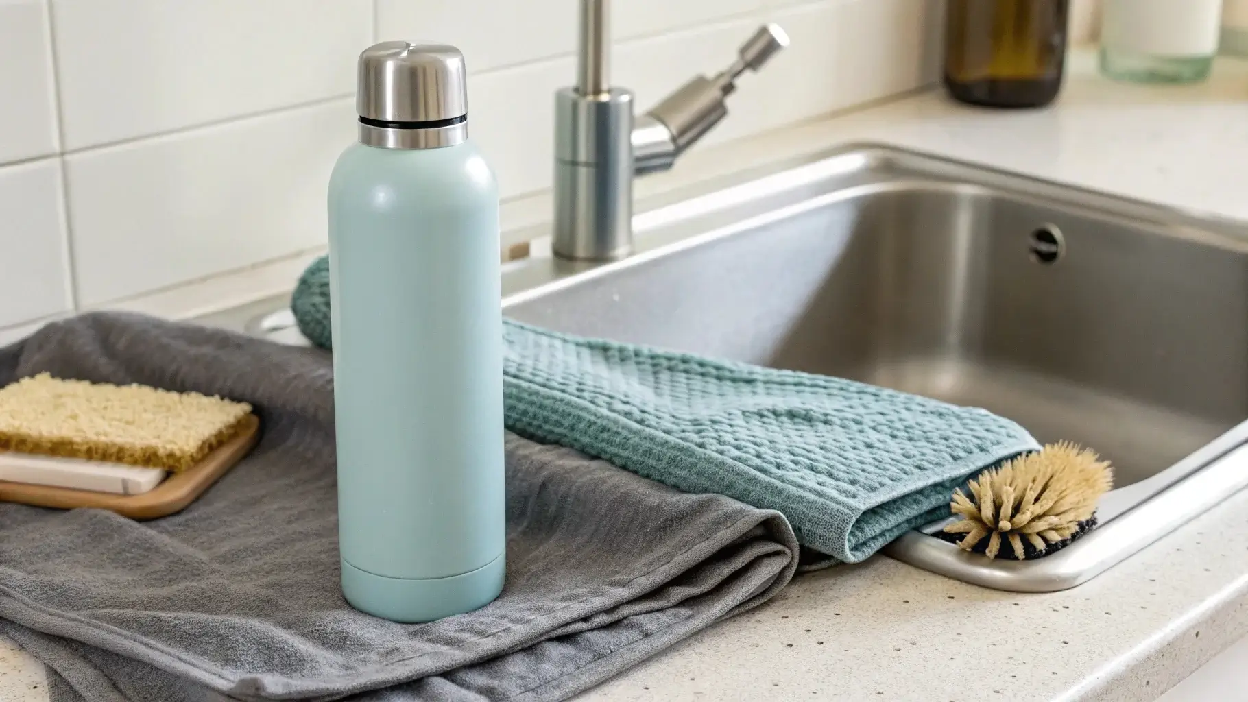 Clean stainless steel bottle drying next to sink