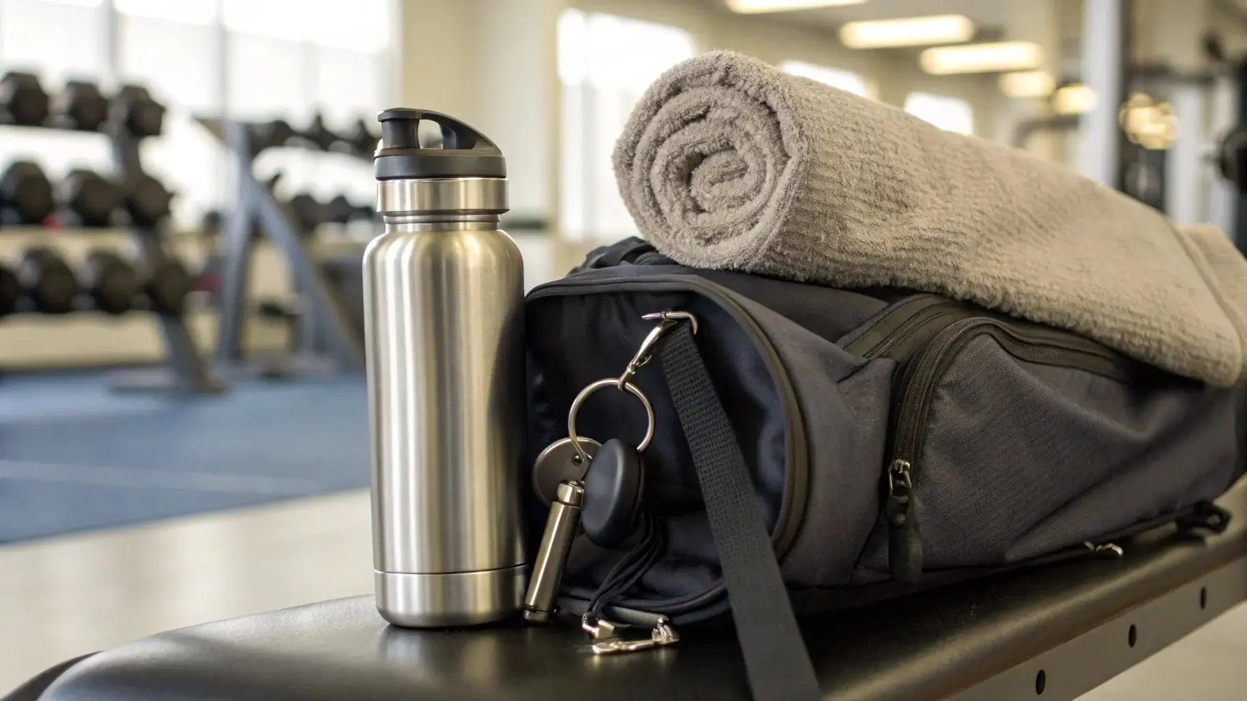 Stainless steel water bottle in a gym bag with towel and keys nearby