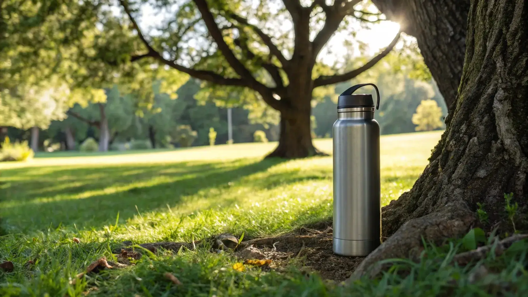 Modern Hydro Flask bottle left closed in a shaded garden picnic area