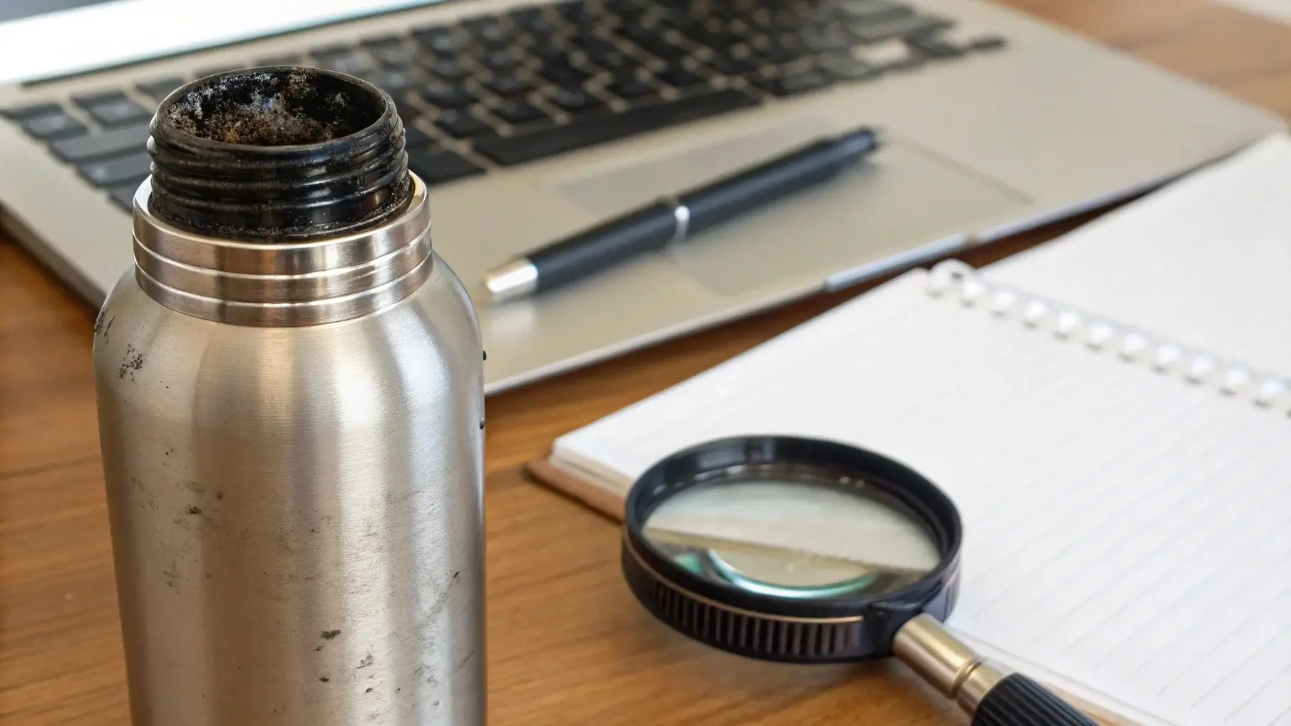 Close-up of stainless steel bottle showing black gunk along rim and grooves