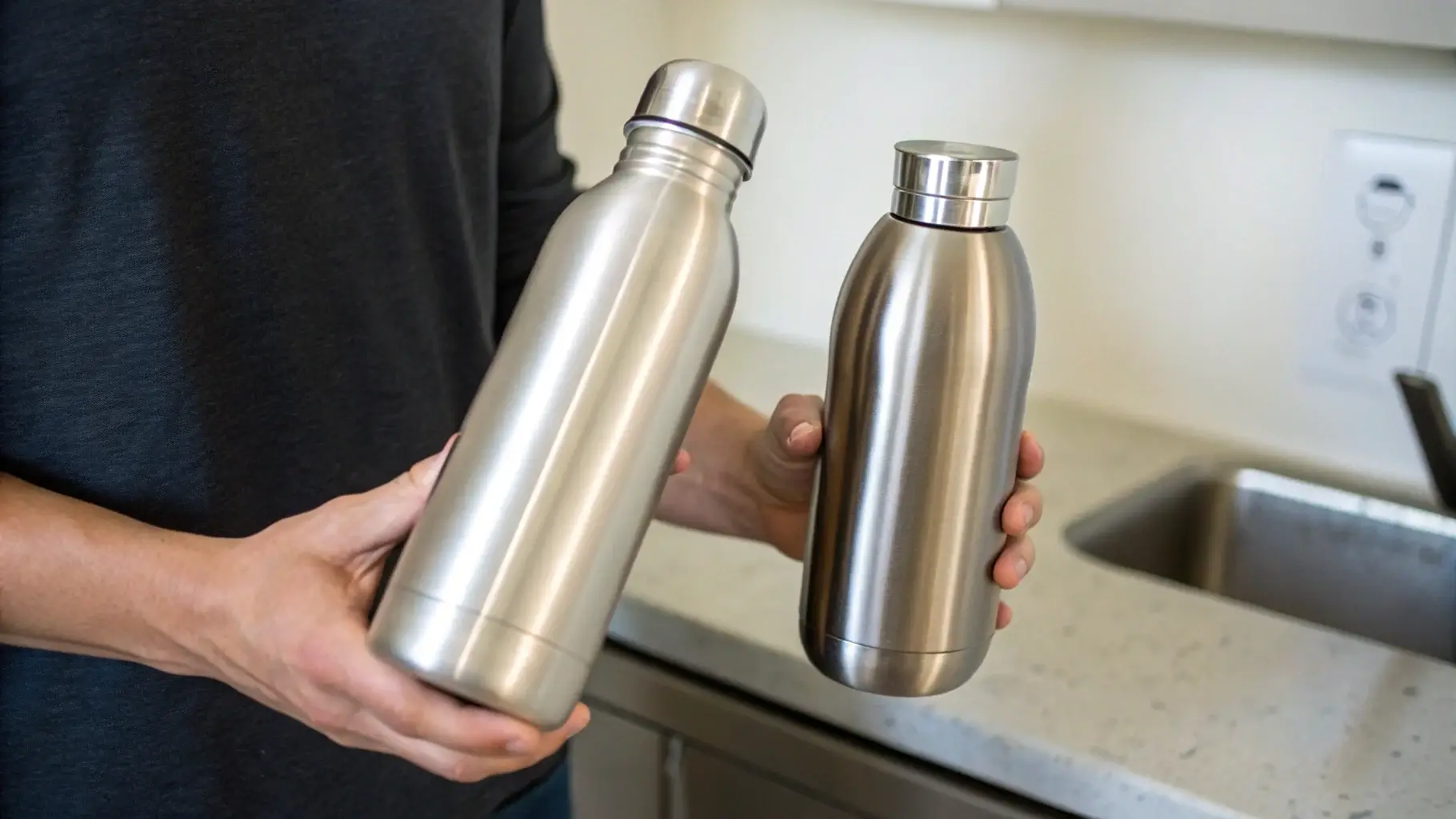 Hand comparing two metal bottles by weight and finish